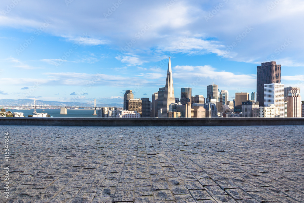 empty floor with cityscape and skyline of san francisco in sunny