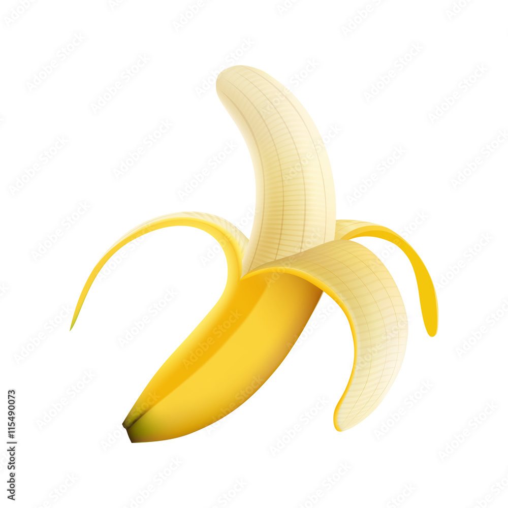 Vector illustration of a yellow half peeled banana, transparent Vector