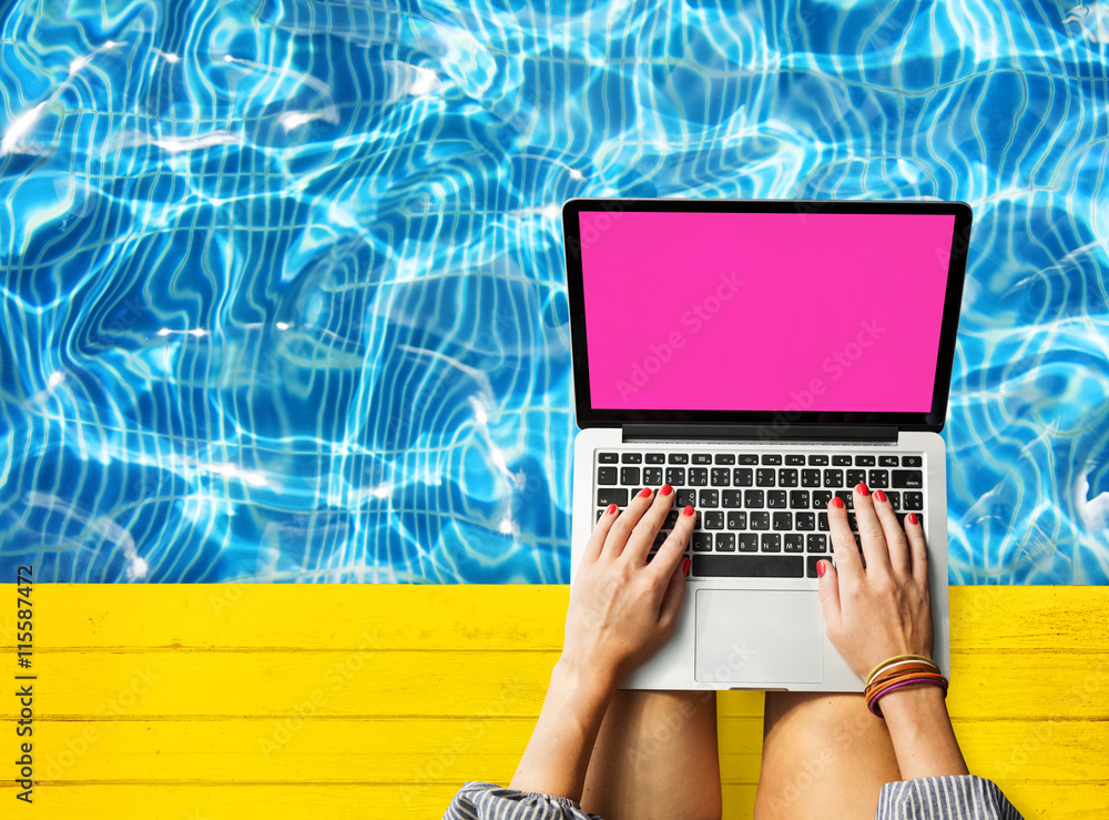 Female Hands Typing Macbook Poolside Concept