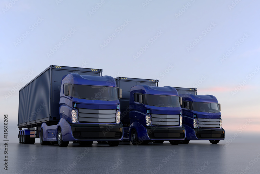 Blue container trucks arranged in line. 3D rendering image.