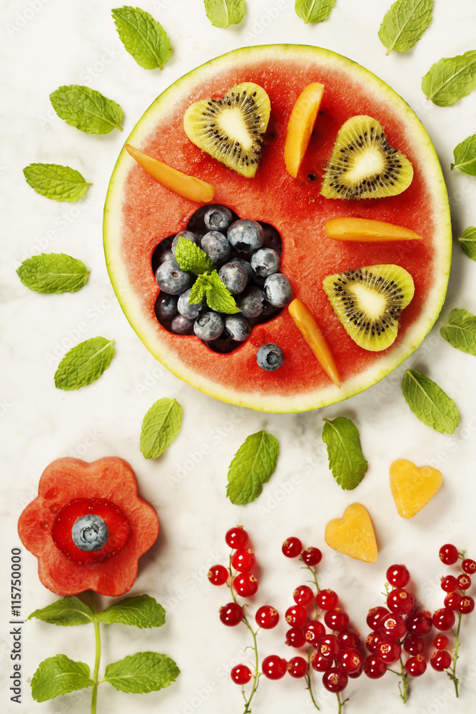 Summer fruit concept. Watermelon, fruits, berries and mint leave