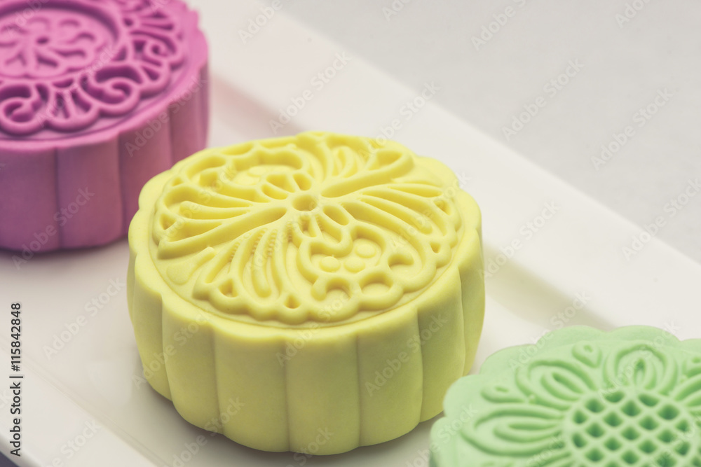 Snowy skin mooncakes. Traditional Chinese mid autumn festival fo