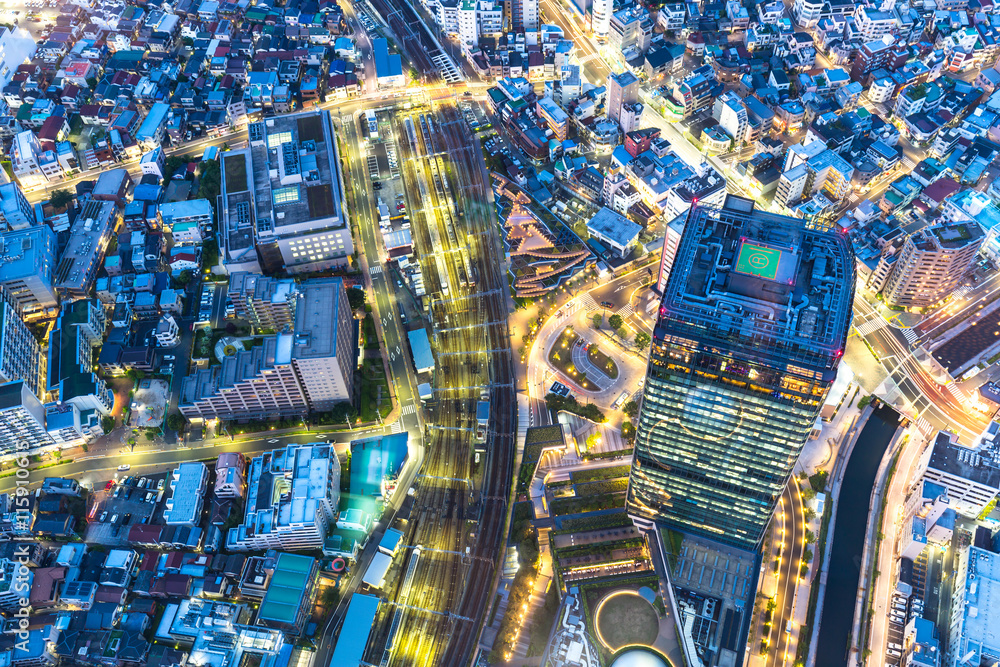 aerial view of downtown near tokyo railway station at twilight