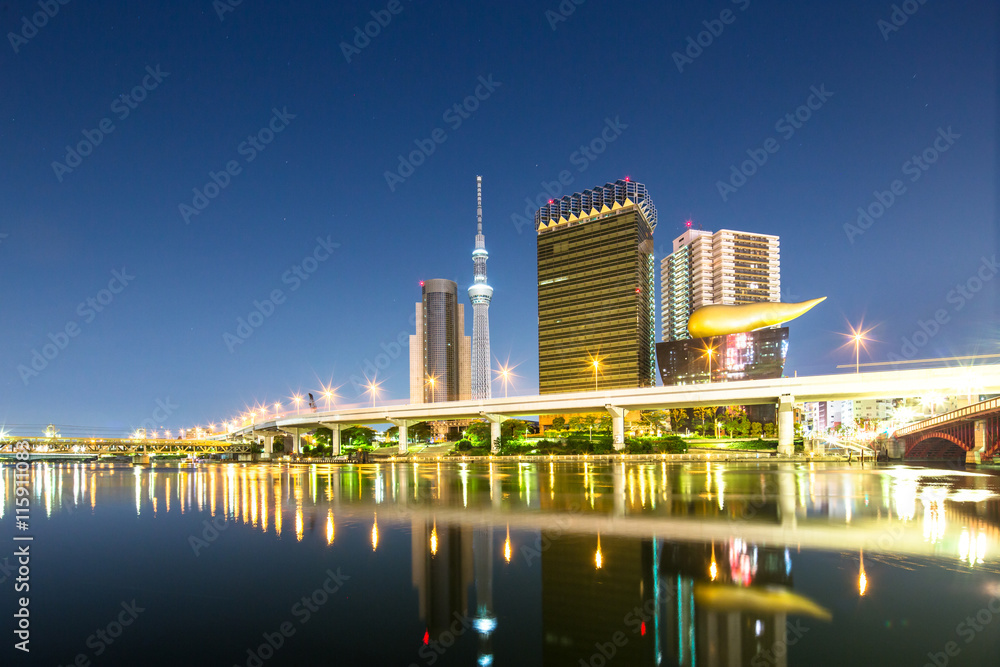 夜晚的桥、水、现代建筑和东京塔