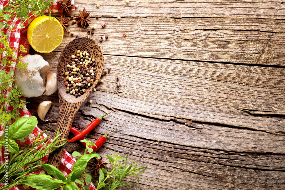 herbs and spice on wooden table