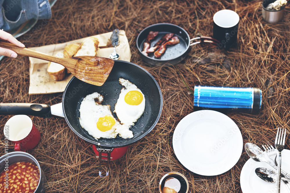 Fried Egg Bean Bacon Bread Coffee Relax Cooking Concept