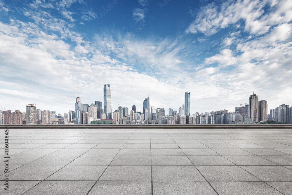 empty floor with cityscape and skyline of chongqing in clous sky