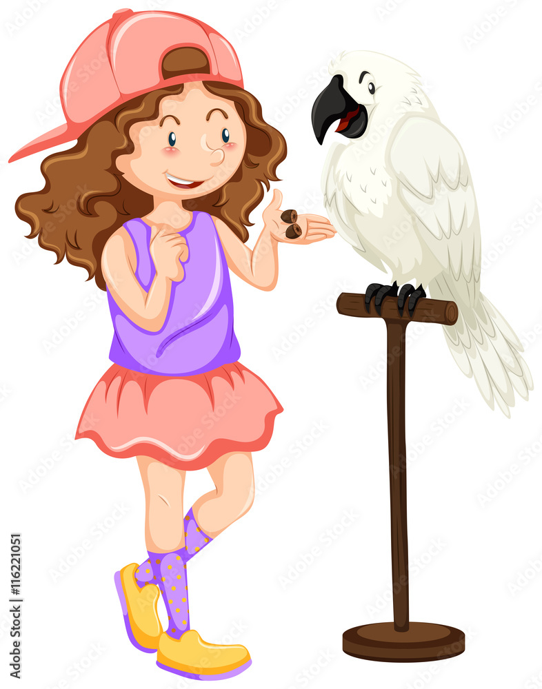 Girl with white parrot pet