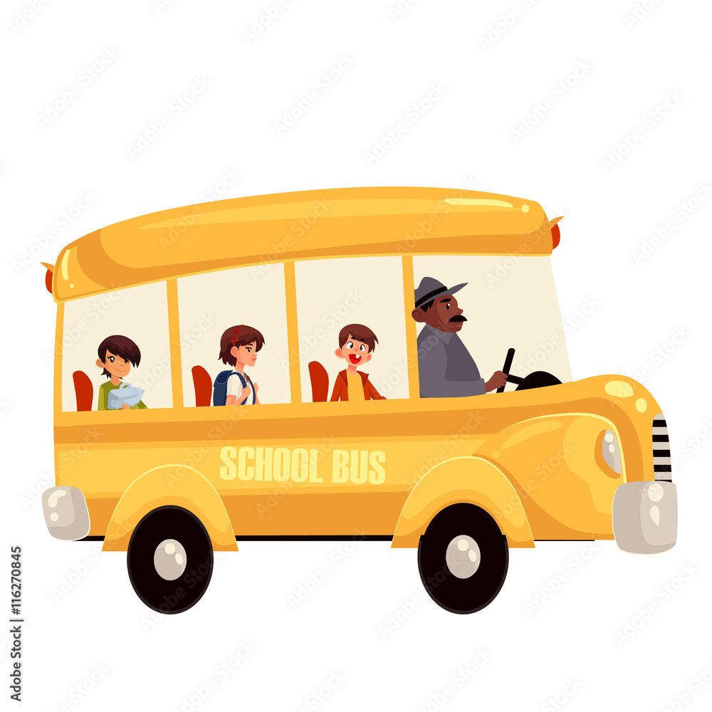 Cartoon vector illustration of happy primary students riding school bus. Traditional yellow schoolbu