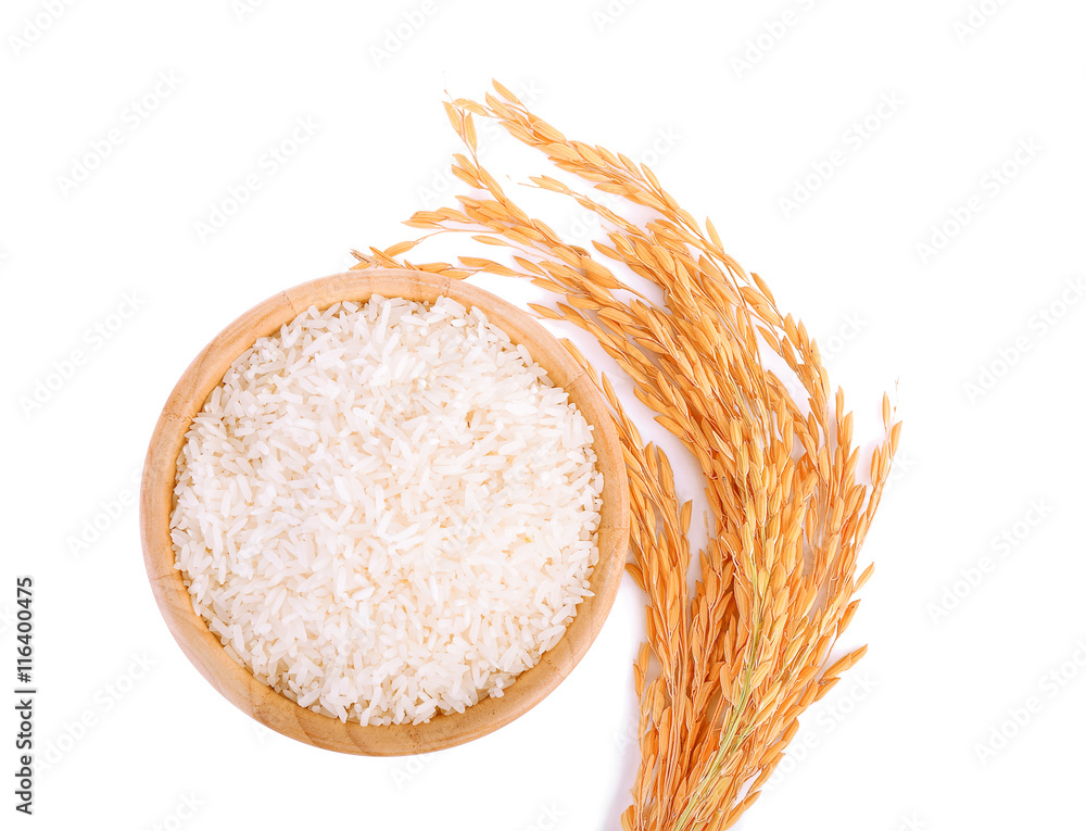 Top view, rice plants, grains of Thai jasmine rice in wood bowl