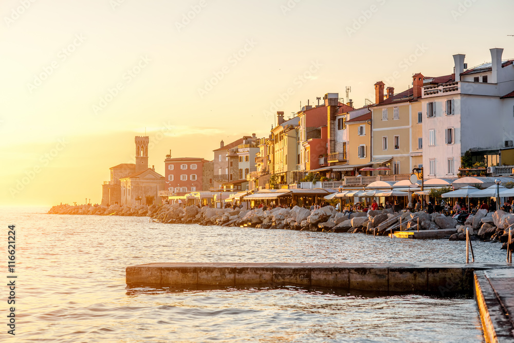 Beautiful sunset view on Piran coastal town in Slovenia