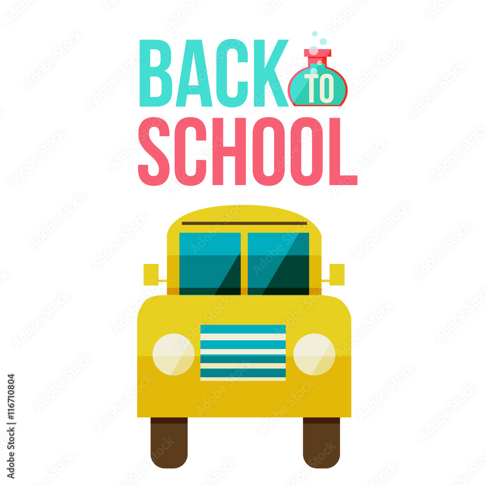 Back to school yellow school bus icon, flat style vector illustration isolated on white background. 