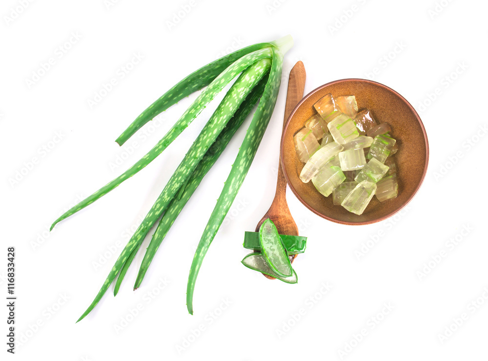 the sliced and leaf of fresh aloe vera on white background , nat