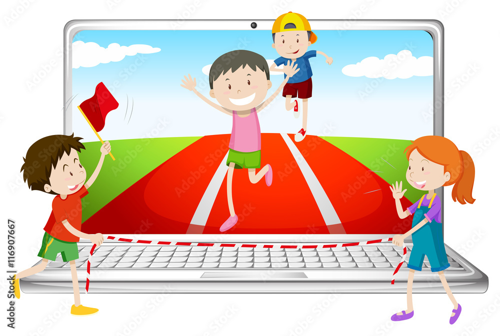 Computer screen with children running in race