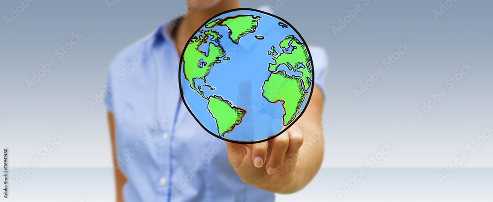 Businesswoman holding hand drawn planet earth