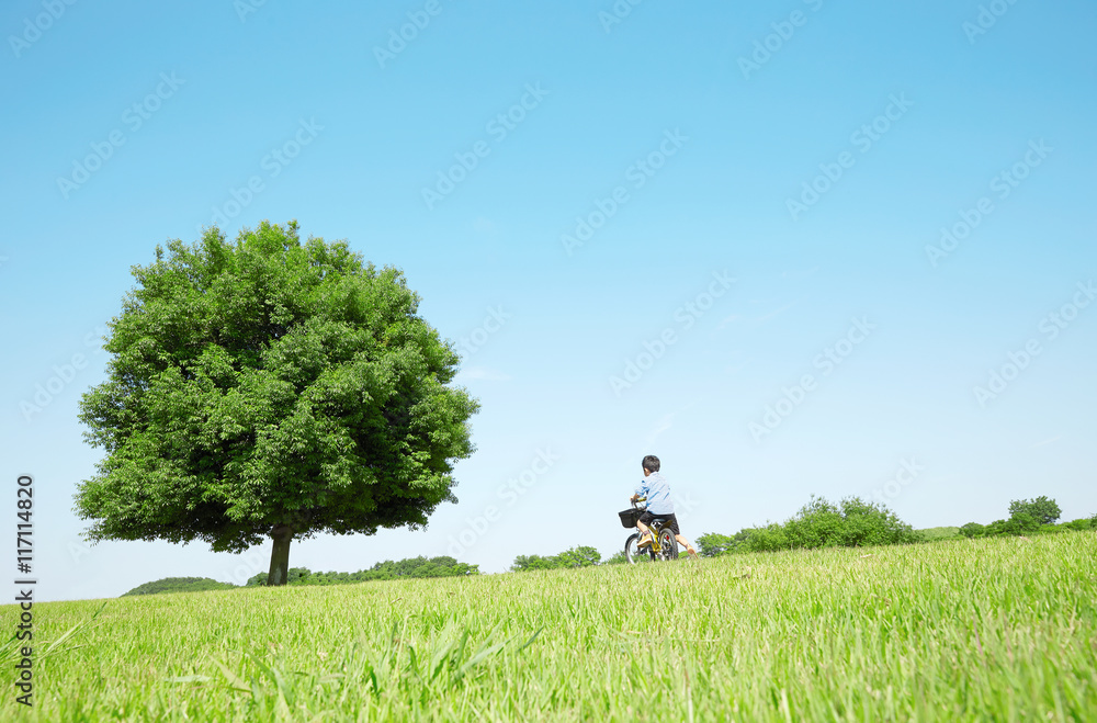 広場で自転車を乗る男の子