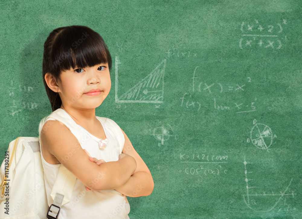 smart little girl  successful standing in front of a blackboard