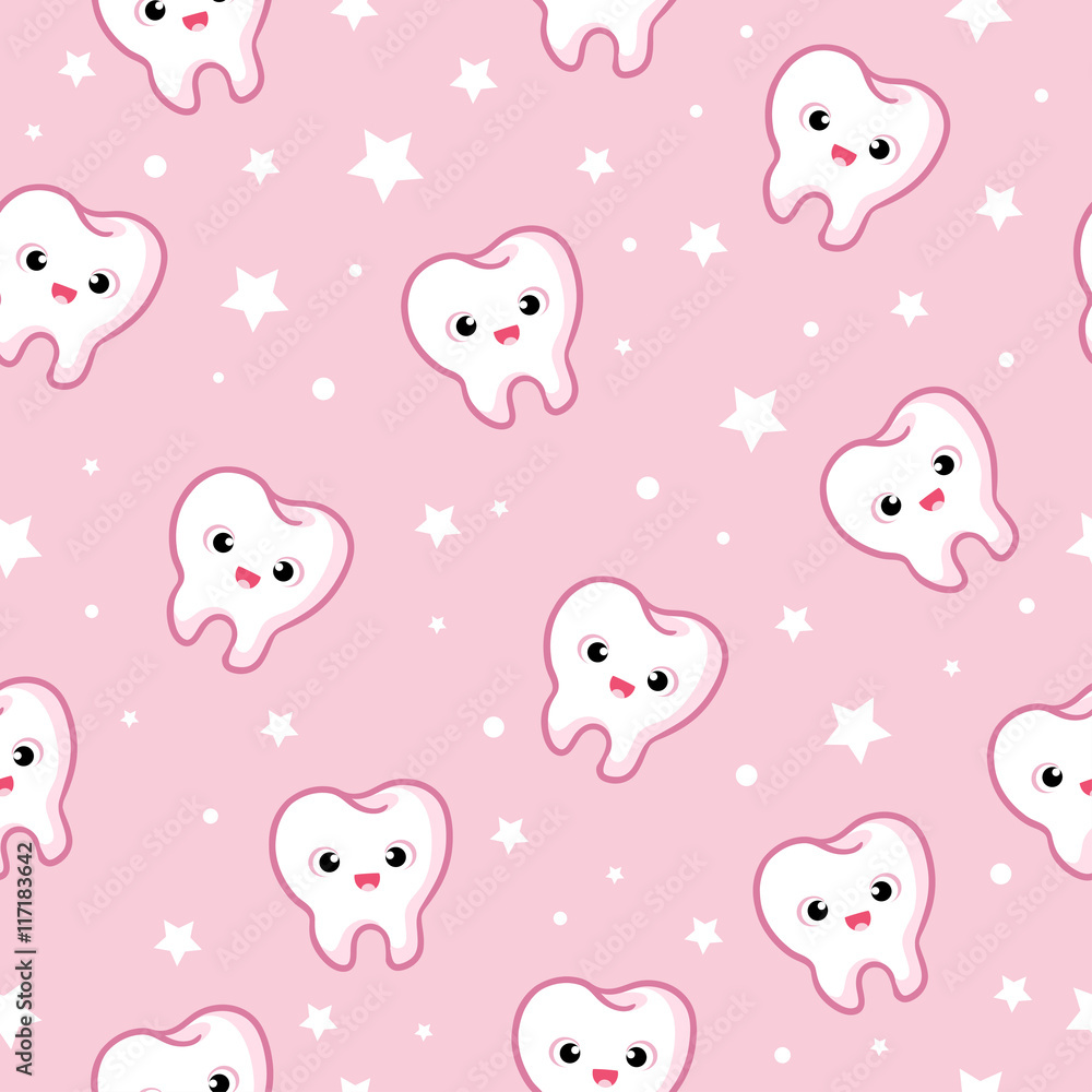 Vector seamless illustration with teeth on a pink background. Stamatologichesky background. Funny pa