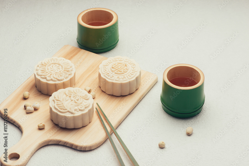 Retro vintage style Chinese mid autumn festival foods. Traditional