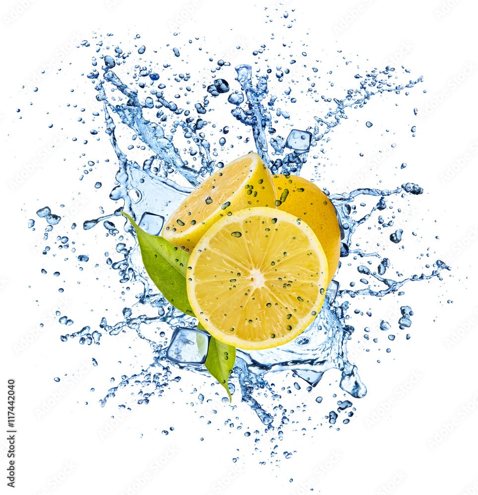 Lemon in water splash on white background