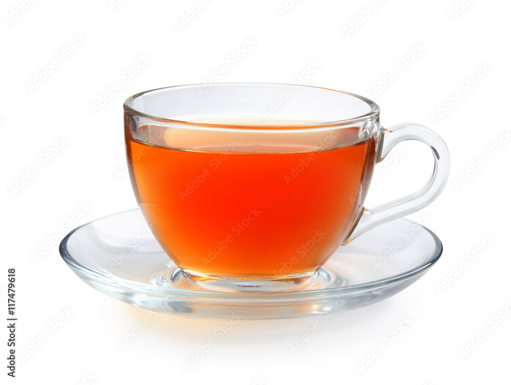 Glass cup of tea isolated on a white background with clipping path. Front view.