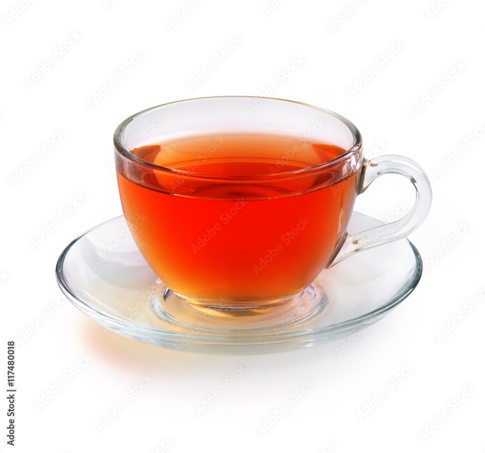 Teapot glass with tea bag isolated on a white background with clipping path. Front view.