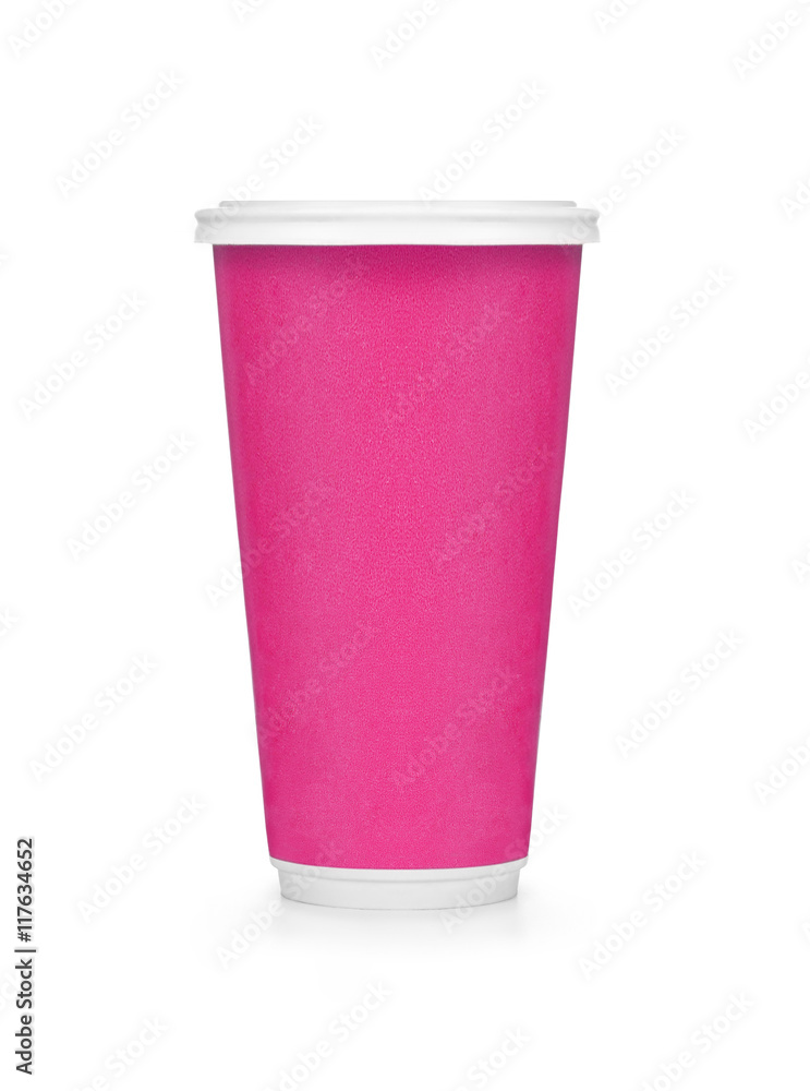 Plastic pink coffee cup on white