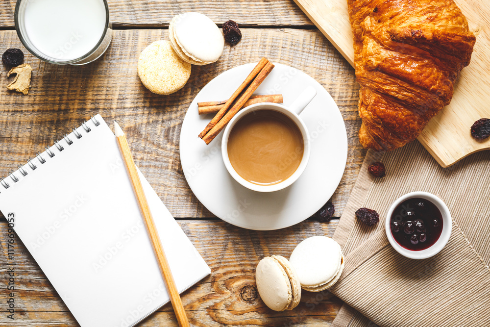 breakfast at home on wooden table with cup of coffee