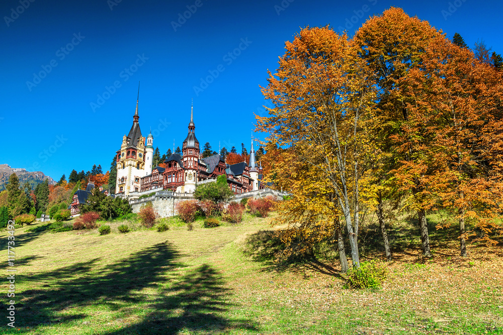 壮观的装饰花园和皇家城堡，Peles，Sinaia，特兰西瓦尼亚，罗马尼亚，欧洲