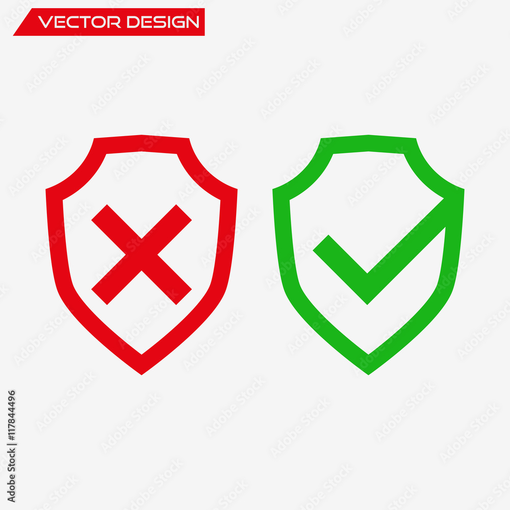 带有复选标记和十字标记的盾牌图标，矢量插图