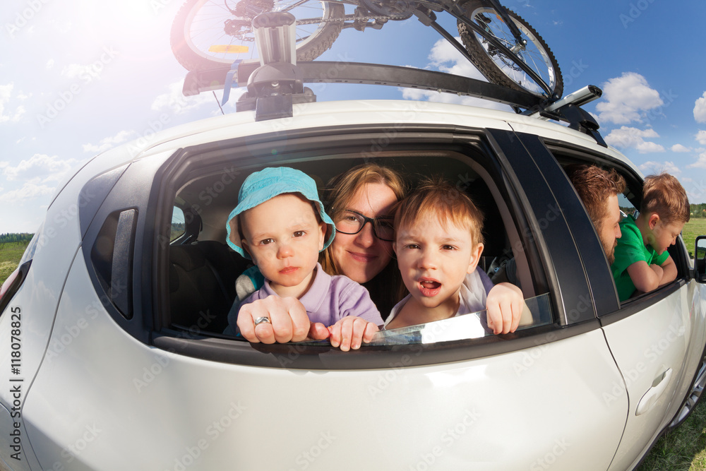 Big happy family going on vacation trip in summer