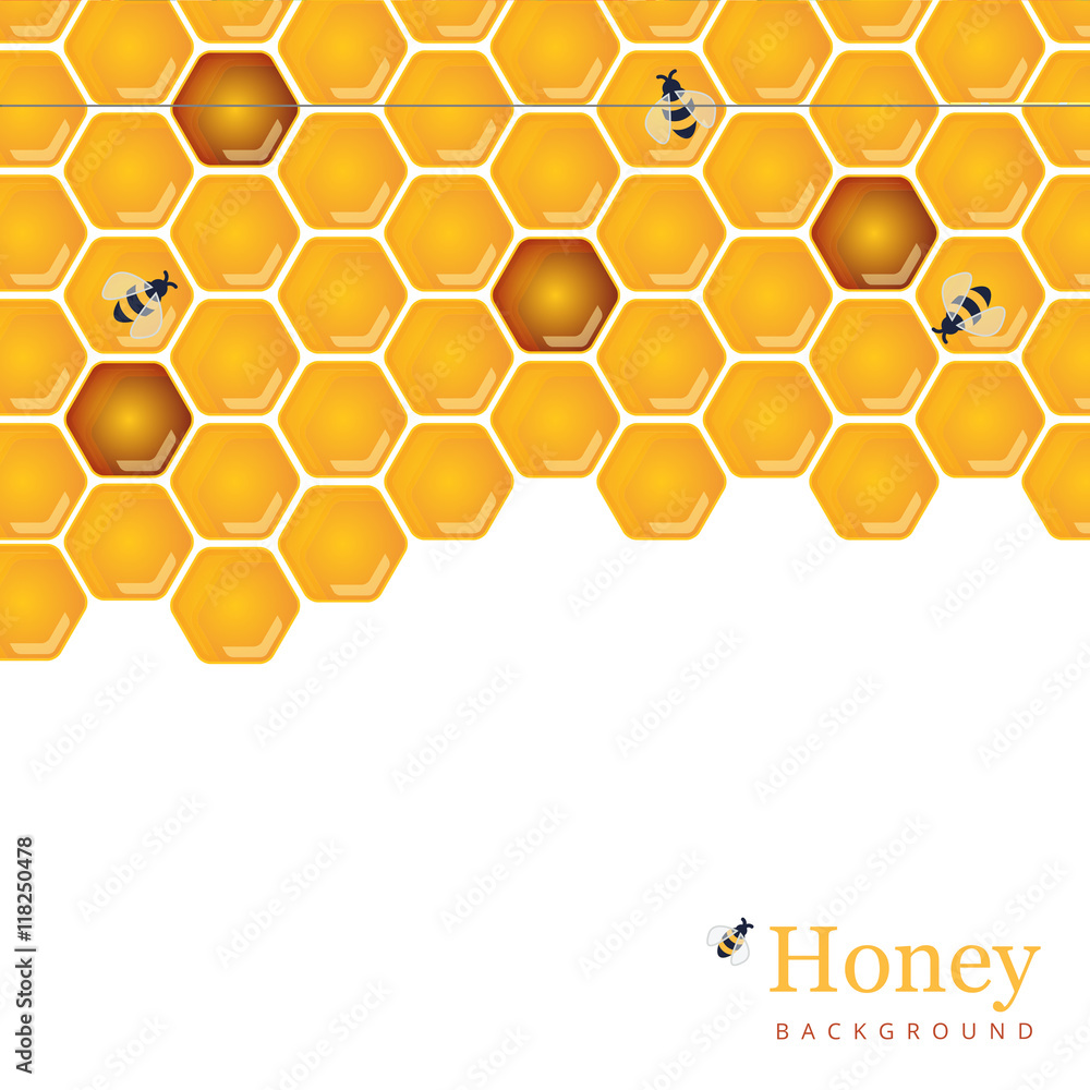 Shiny amber honey comb and bees background design. Vector