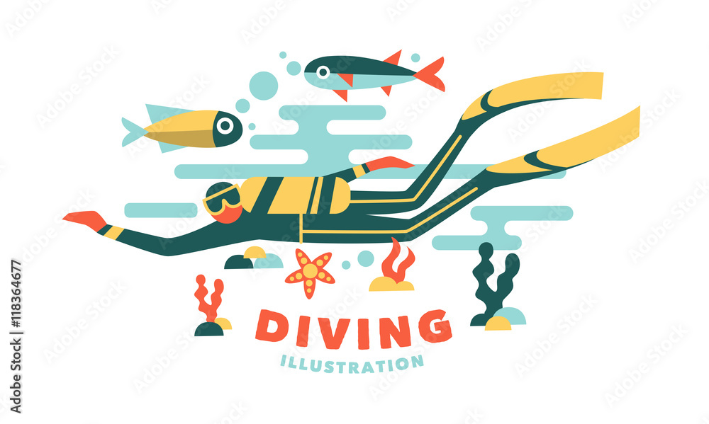 Vector illustration underwater diver surrounded fish