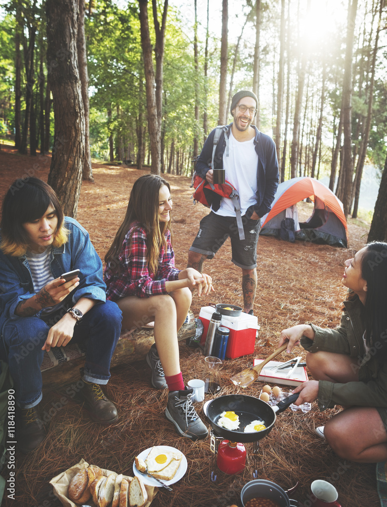 Friends Camping Cooking Breakfast Concept