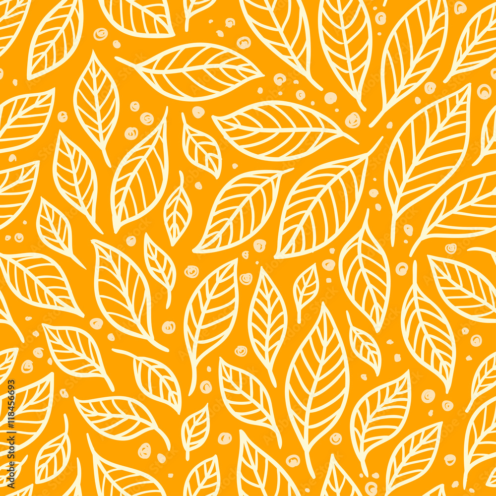 Vector seamless pattern with autumn leaves on orange background.