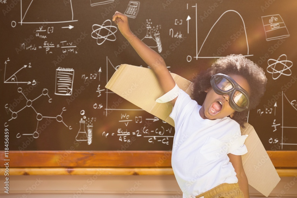 Composite image of boy playing as an aviator at park