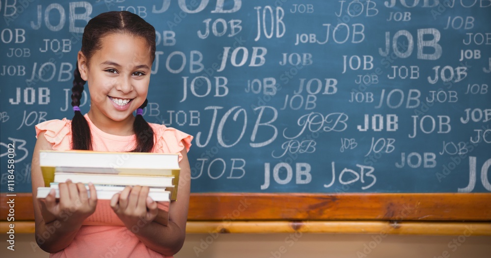 Composite image of school girl holding books