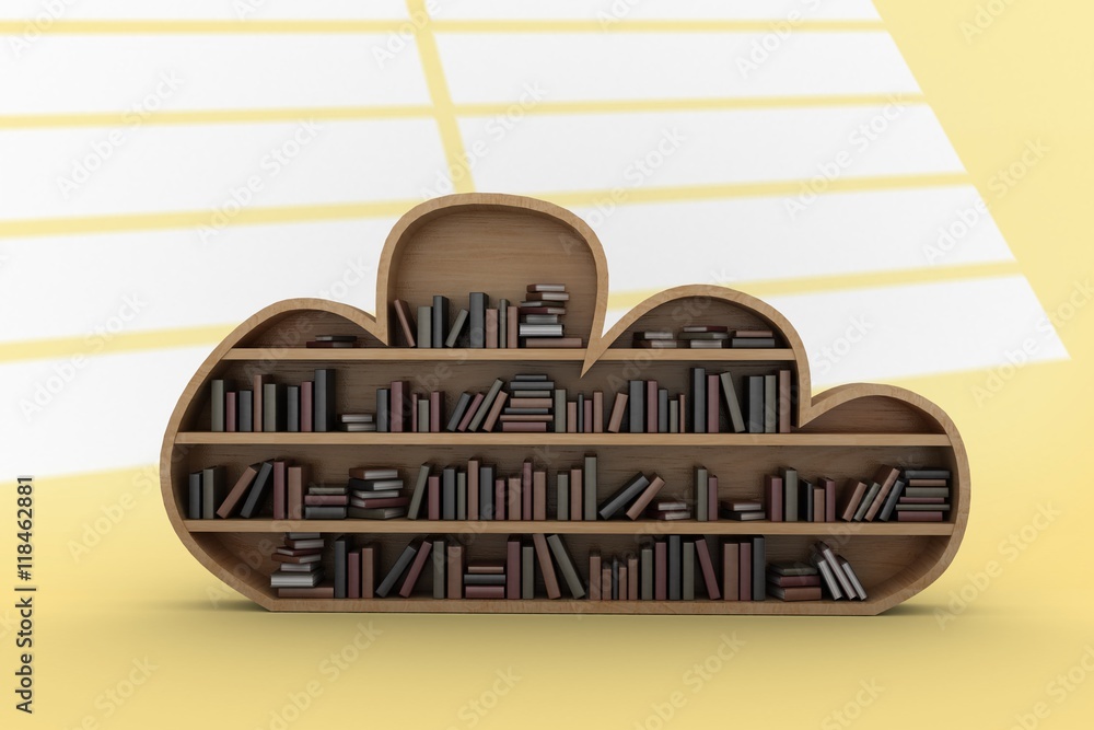 Composite image of books on cloud shaped wooden shelves