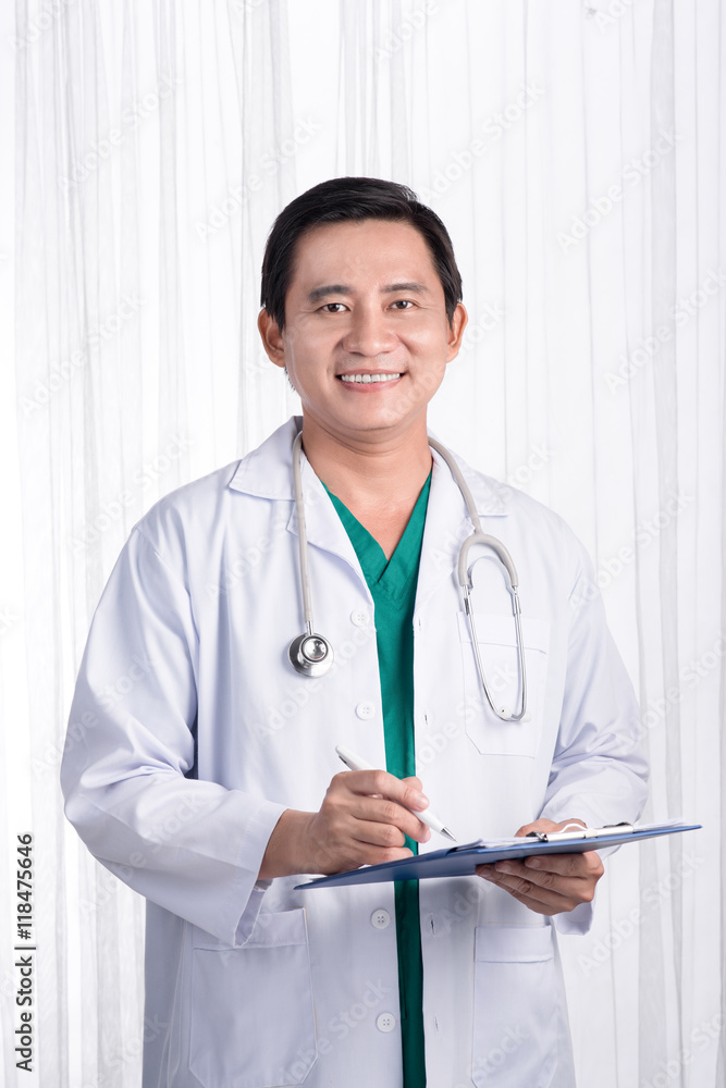 Professional asian doctor with clipboard