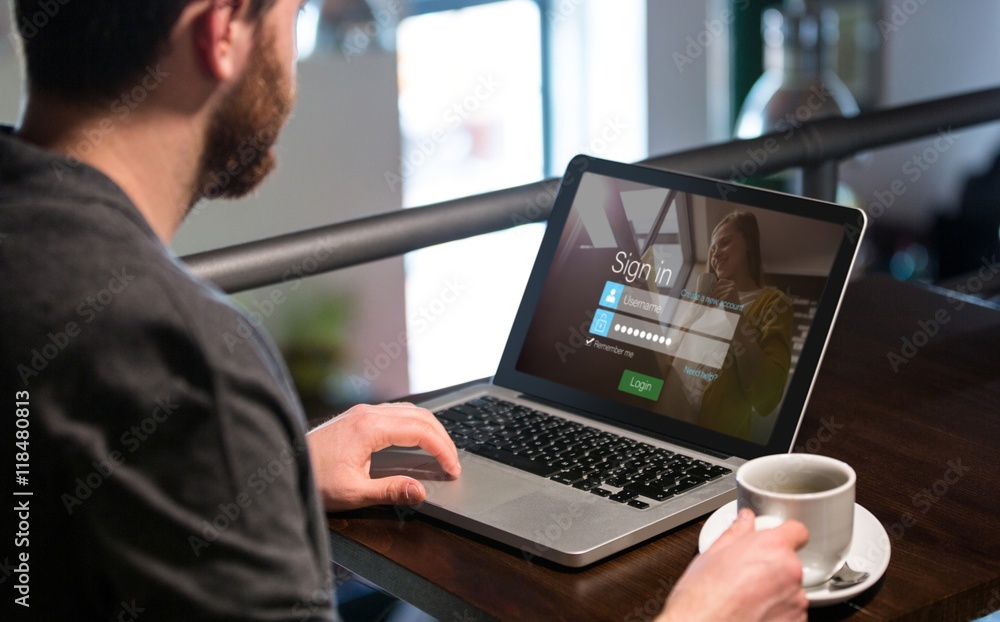 Composite image of login screen with blonde woman