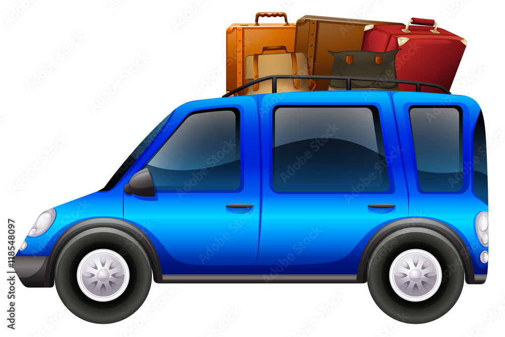 Blue car loaded with luggages