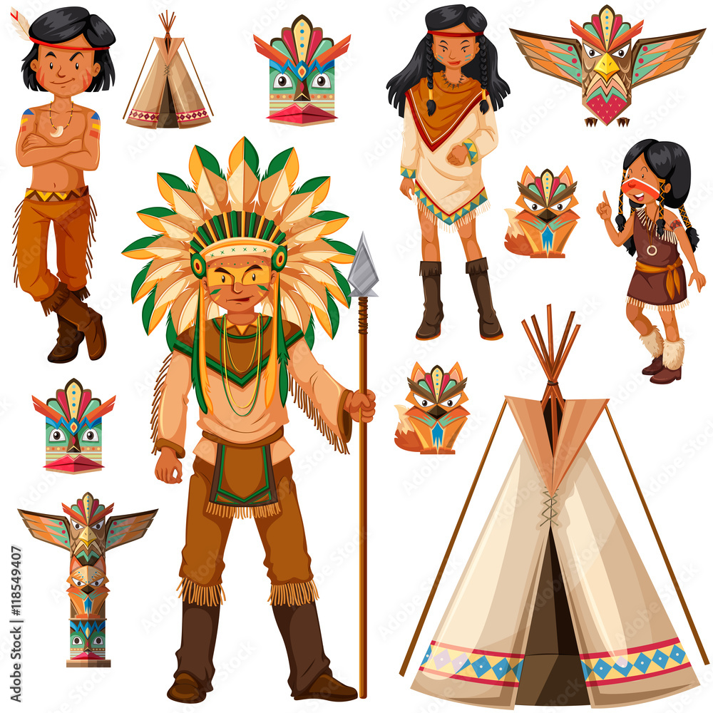 Native American Indian people and tepee