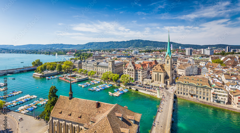 Aerial view of Zürich city center with river Limmat, Switzerland