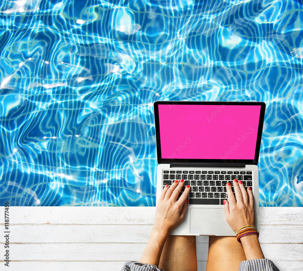 Female Hands Typing Macbook Poolside Concept