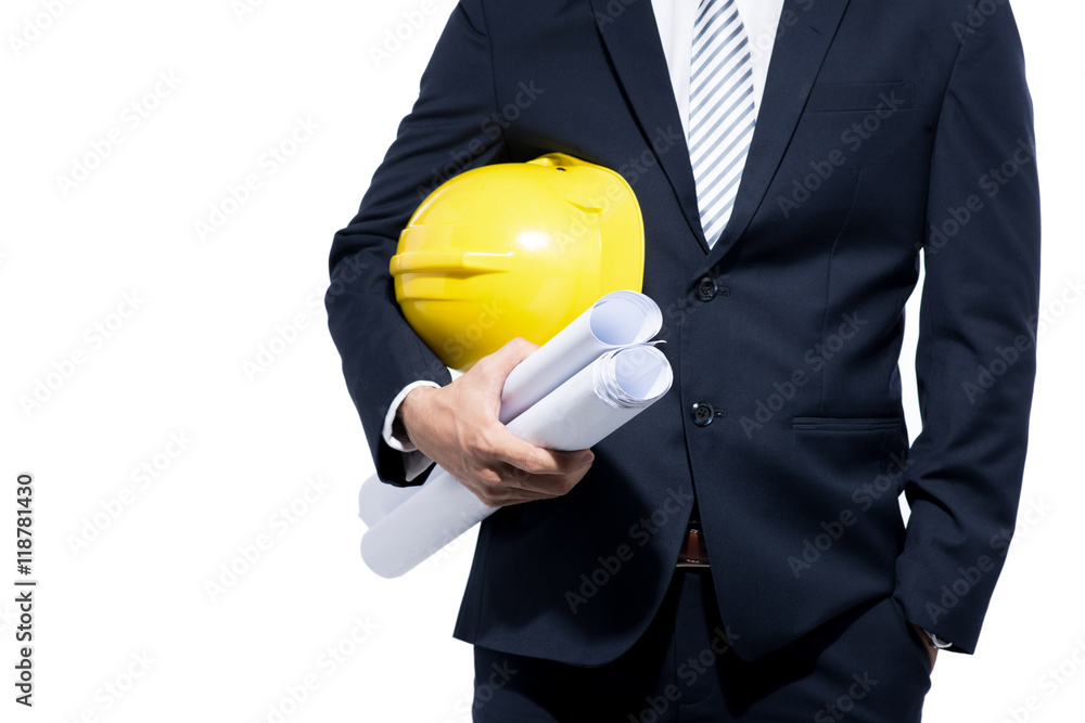 engineer holding yellow helmet for workers security on white bac