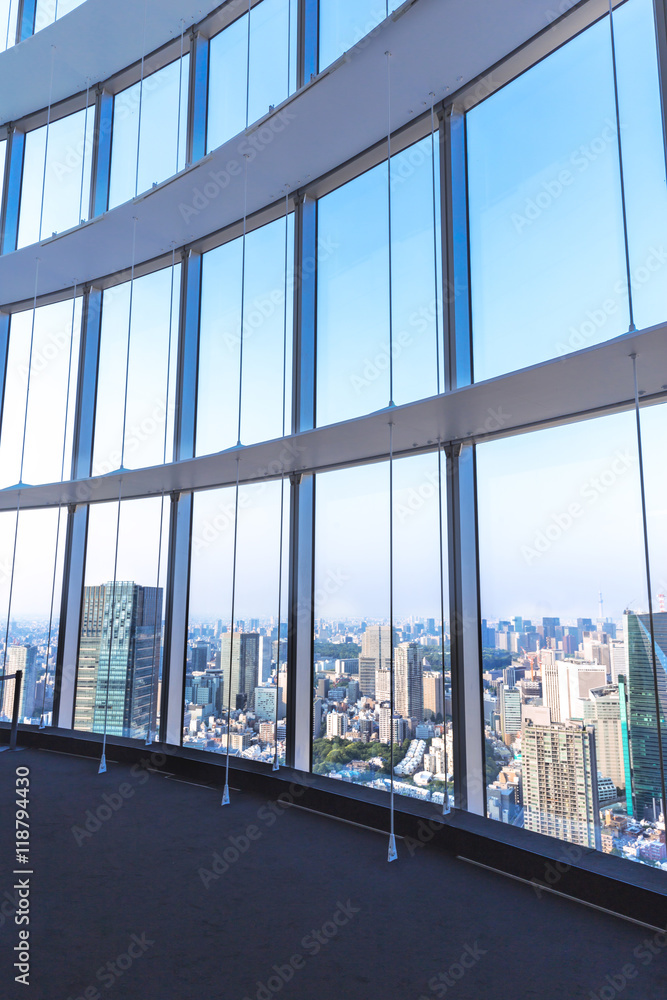 cityscape and skyline of tokyo from glass window