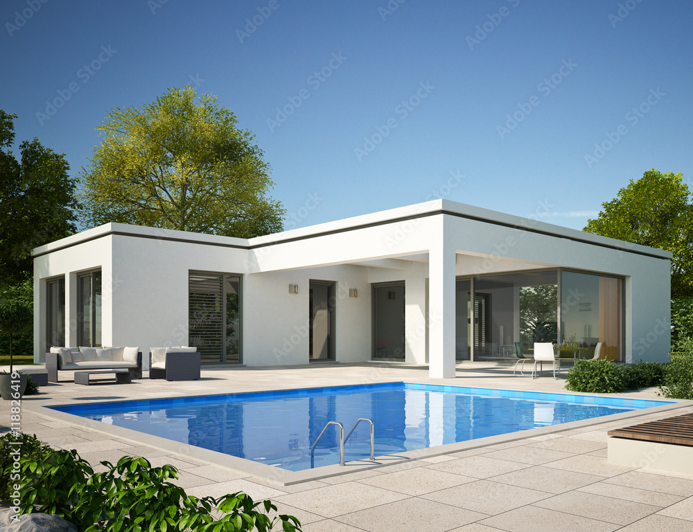 Bungalow Flachdach mit Pool am Tag