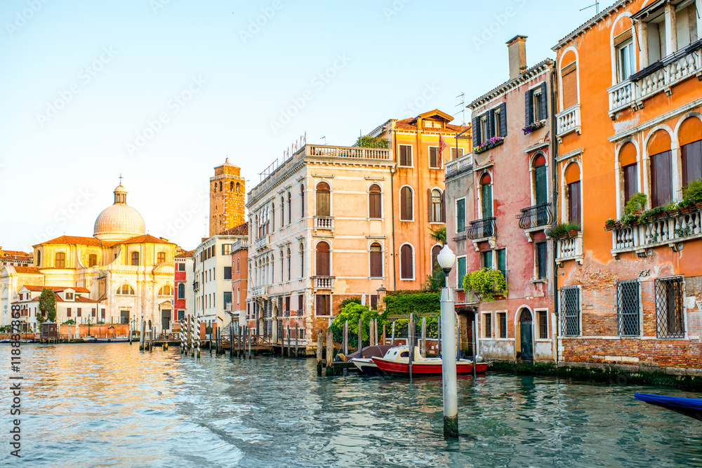 Venice cityscape view on the Grand canal with Geremia e Lucia church at the sunrise