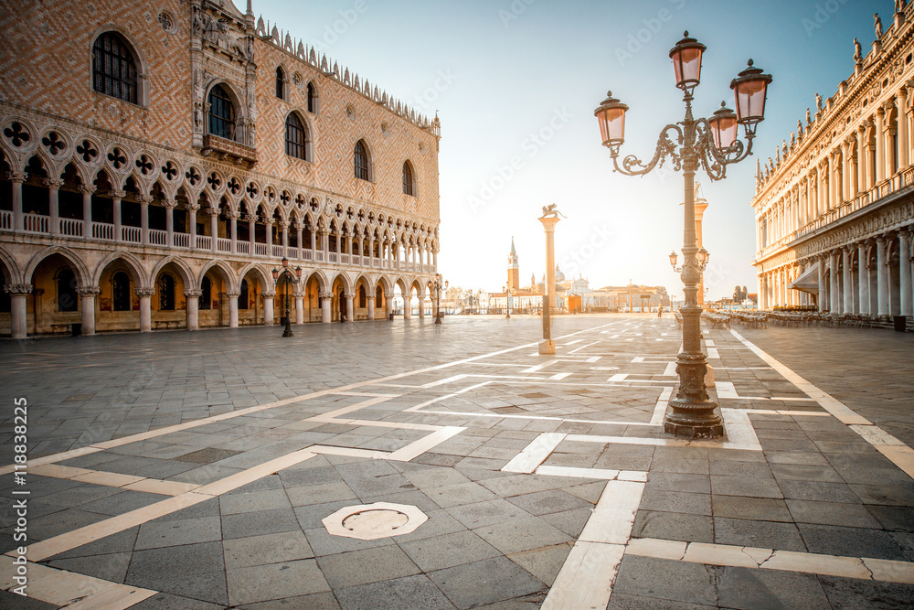 Morning view on San Marco square with Doges palace and San Giorgio Maggiore island on the background