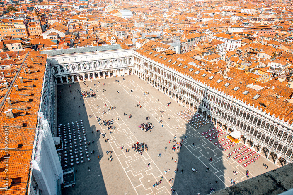 Aerial panoramic cityscape view on San Marco square in Venice